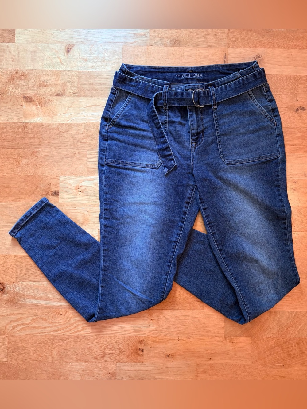 Maurices Indigo Tapered Leg Belted Jeans, S REG